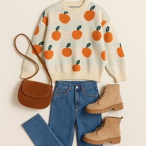 🍊 Cider Orange Fruit Sweater – Cozy Graphic Knit Pullover